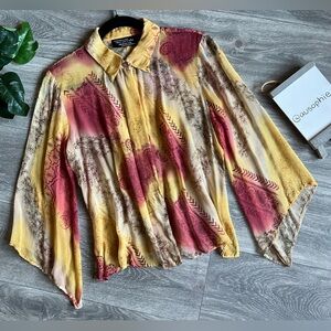 New York City Design Co Silk Long Flutter Sleeve Button Down Collared Blouse M
